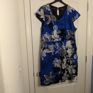 Large floral print blue, white, and black dress